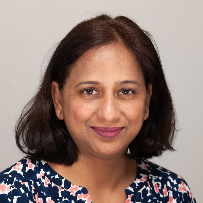 Image of a woman with light brown skin, dark brown should length straight hair and dark brown eyes. She is wearing stud earrings and a navy and pink spotted top.