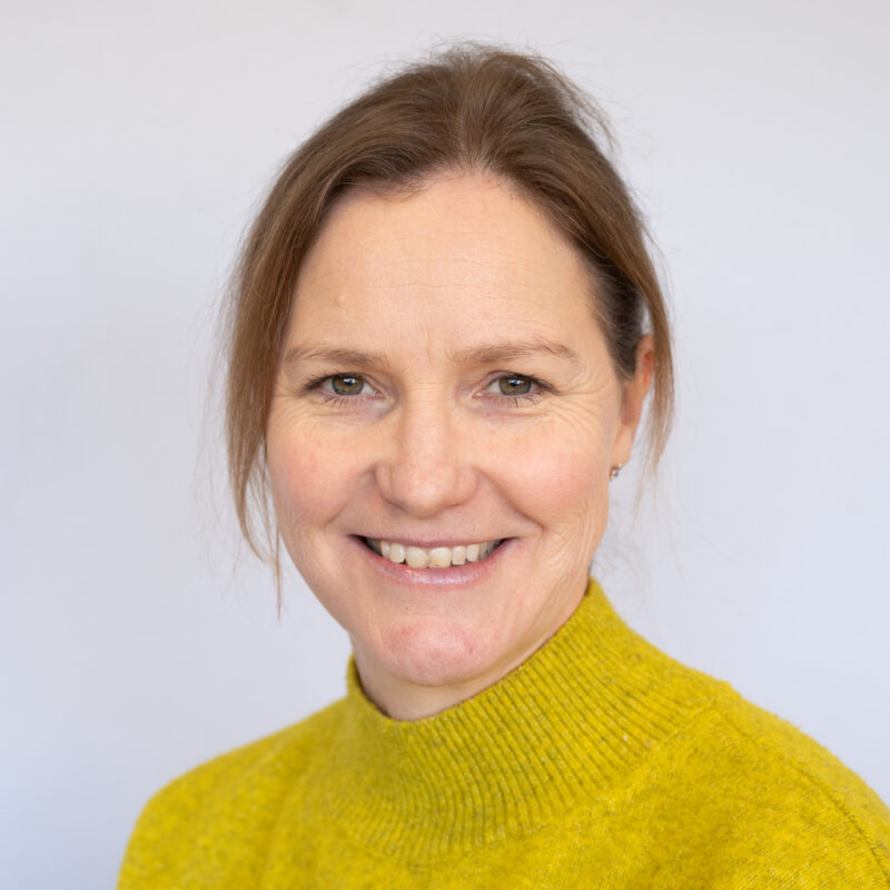 Image of a white woman with hazel eyes and light brown hear wearing a mustard yellow high neck jumper.