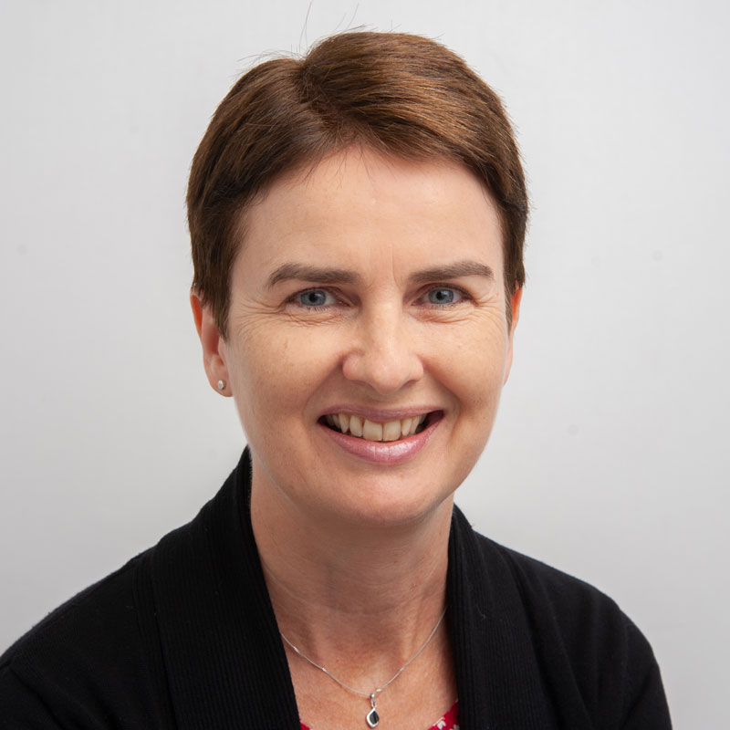 Image of a white woman with short auburn/brown hair and blue eyes. She is wearing small stud earrings, a silver necklace and a black cardigan.
