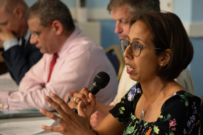 Image of Munira Wilson, Lib Dem MP, speaking at the Ruils hustings event. Behind her are the other candidates sitting at the head table.