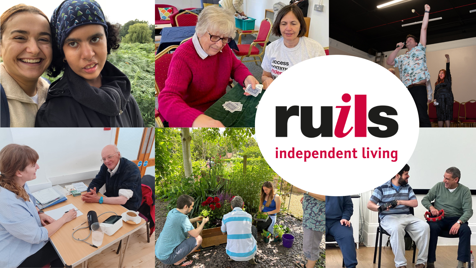 Group of photos that showcase the work that Ruils does - Befriending, Health and Wellbeing support, accessible activities, 1-2-1 support, community support and support for children and young people. In the missing a white oval with the Ruils logo in it.