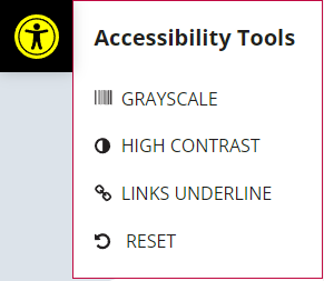 Image of the accessibility tab on the Ruils website. It is a menu with 4 options titles "accessibility tools" and has a black square icon with a yellow outlined person on it.