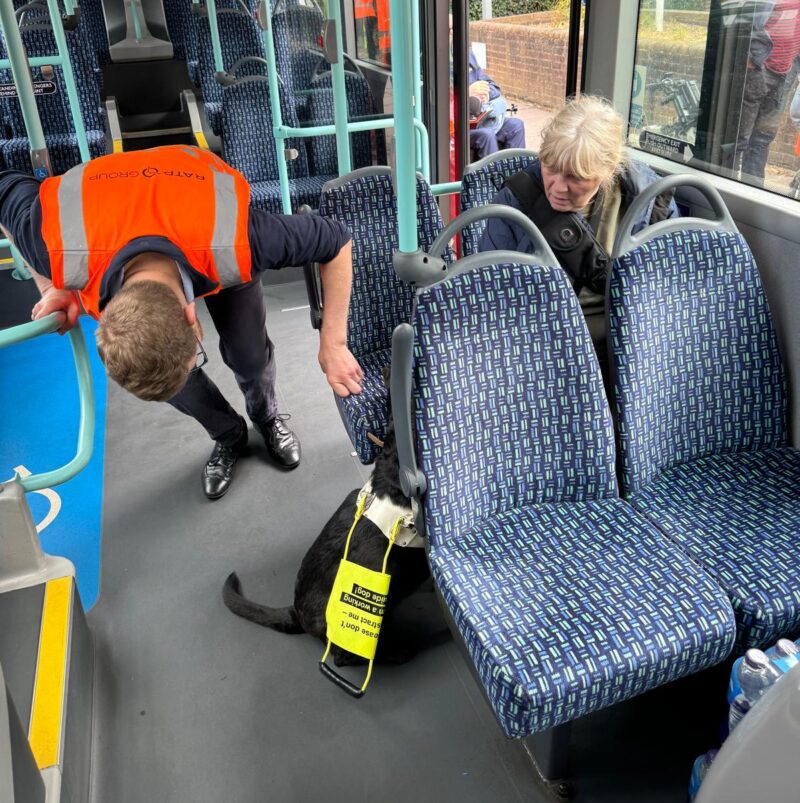 A Ruils member sitting on a RATP Dev bus with her guide dog speaking with a member of staff about the lack of space for her dog.