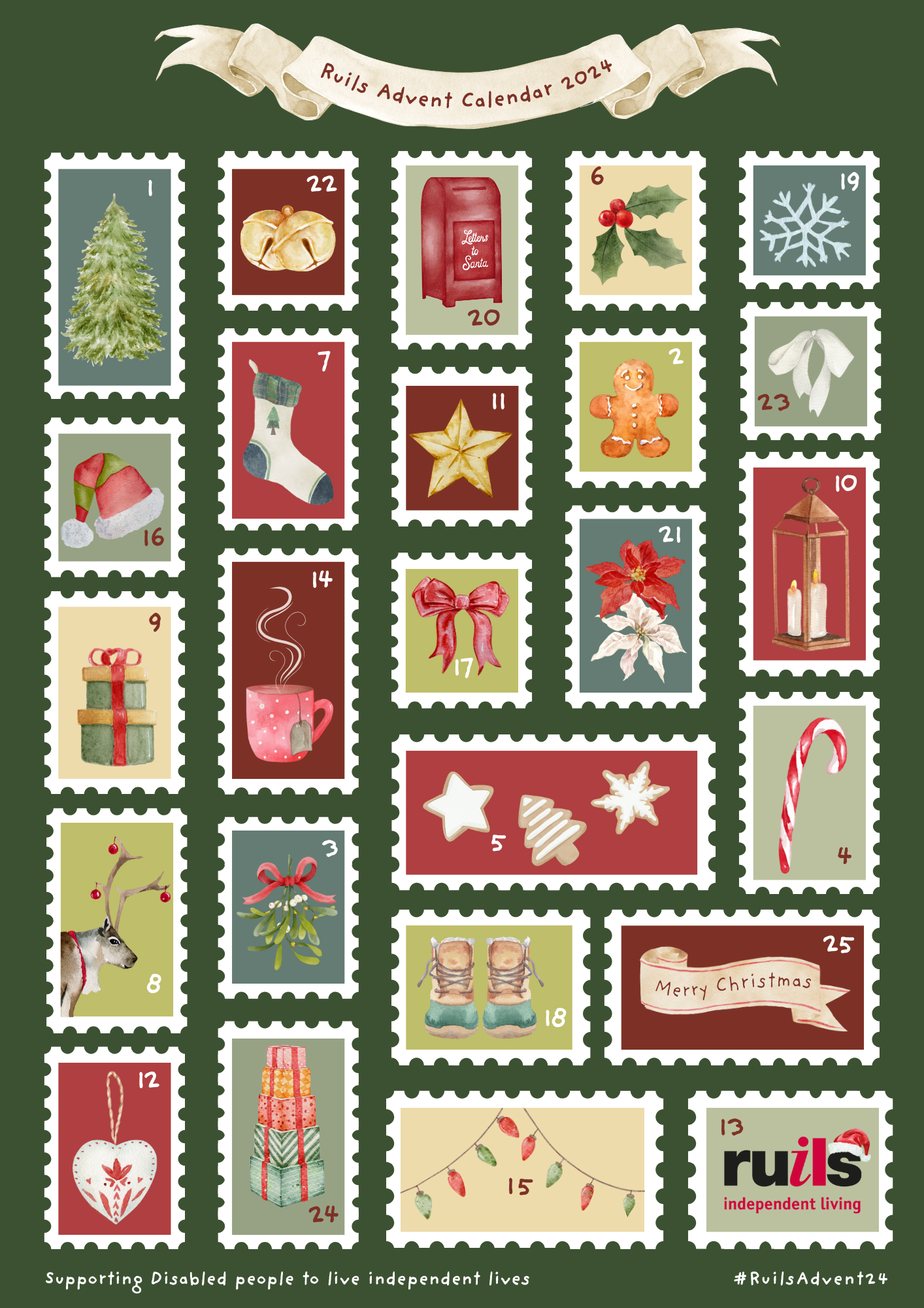 Image of the 2024 Ruils Advent Calendar. It has a cream watercolour banner at the top that says "Ruils Advent Calendar 2024" and 25 victorian style stamps as the doors on a dark green background.