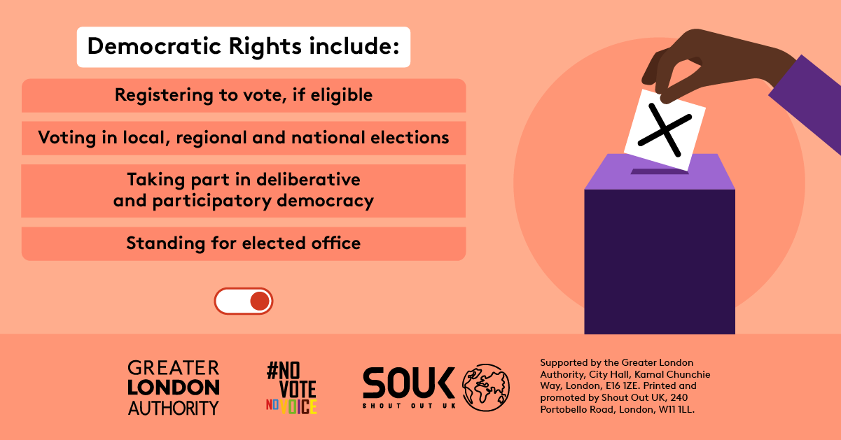 3. A hand putting a ballot paper into a ballot box with the text “democratic rights include: registering to vote, if eligible, voting in local, regional and national elections, taking part in deliberative and participatory democracy, standing for elected office”.