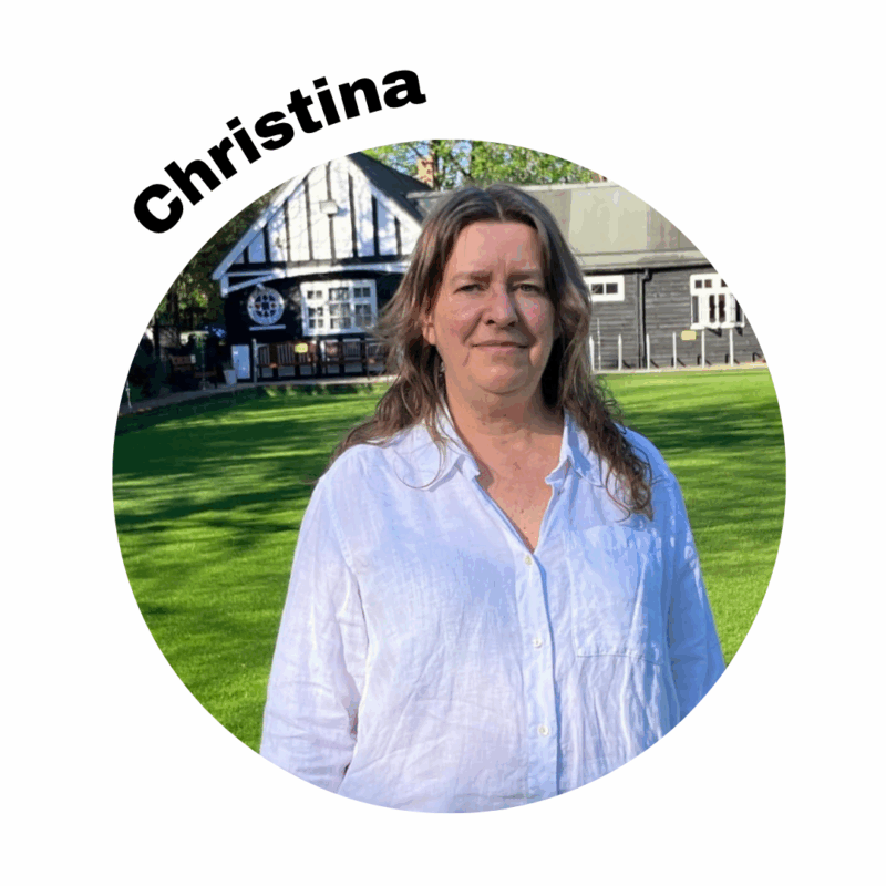 Image of Christina standing in front of a grassy field. She is wearing a blue shirt. Her name is above the photo in a circle frame.