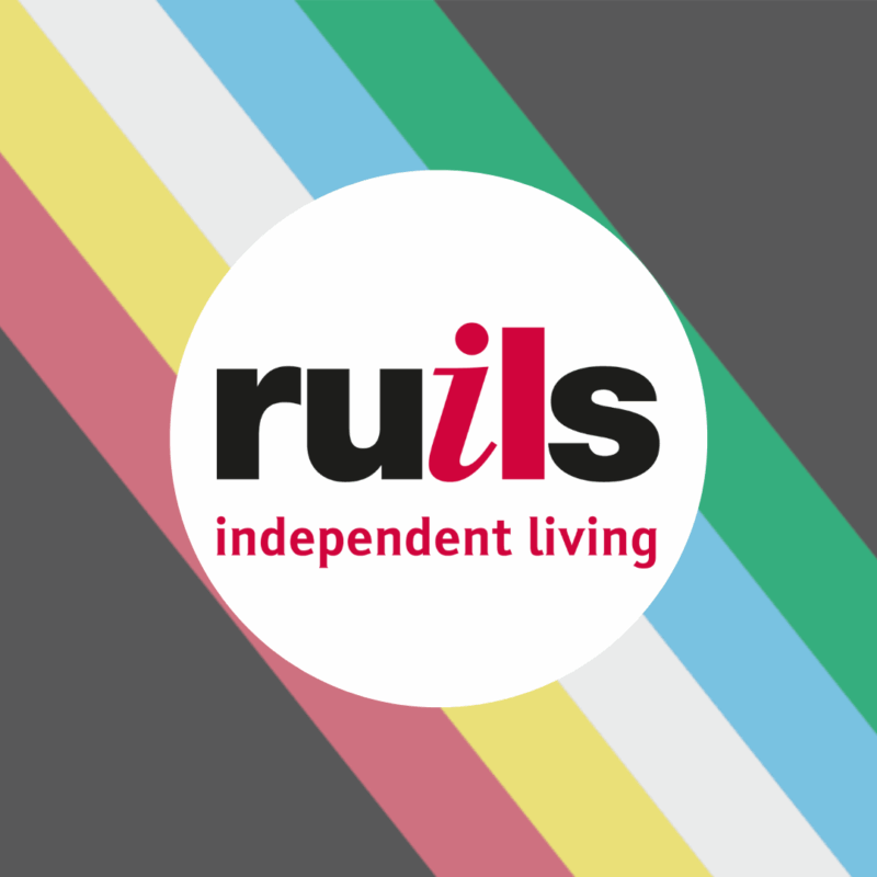 Disability Pride flag with the Ruils logo in a white circle on top