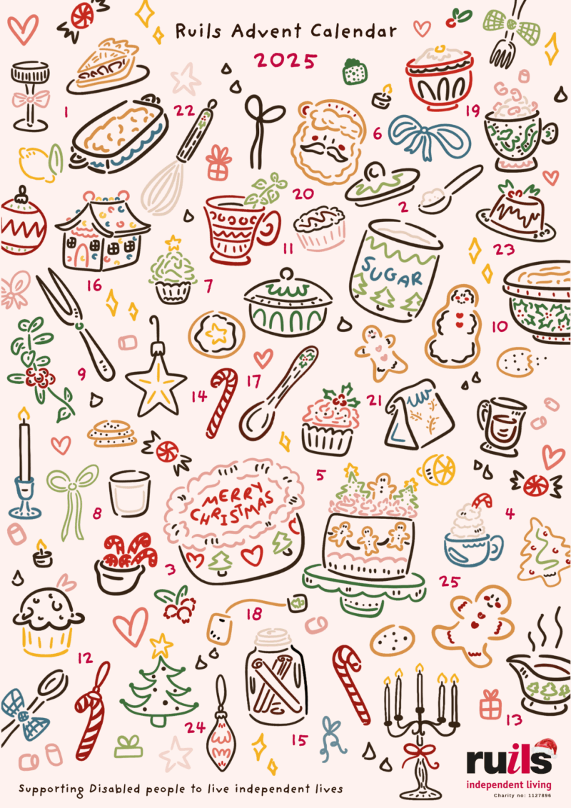Image of the Ruils advent calendar - pink background and lots of festive doodles all over