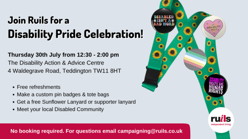 Graphic with a sunflower lanyard on it advertising the Ruils Disability Pride Celebration Event